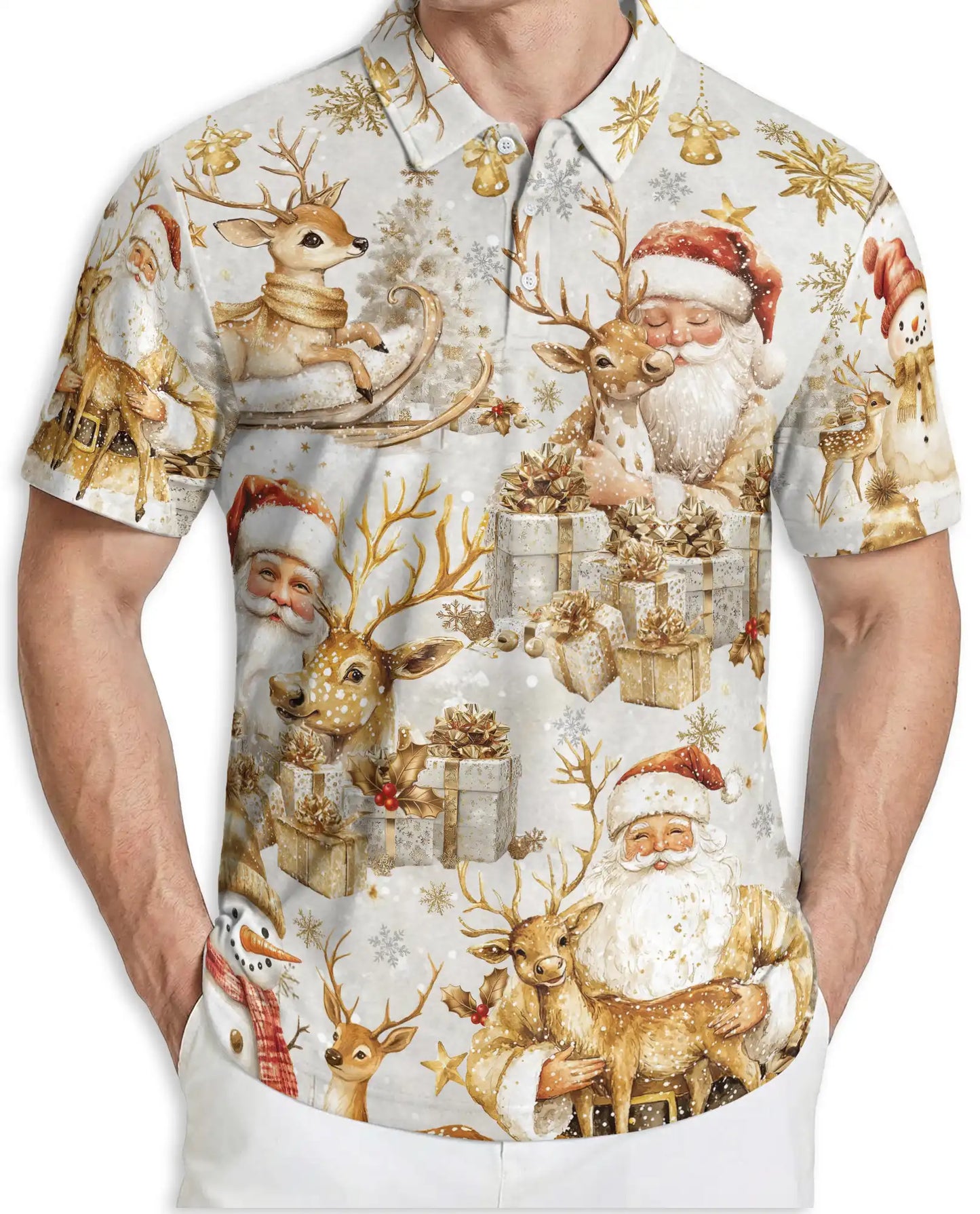 Elegant Santa Reindeer 3D Polo Shirt for Men, Luxury Christmas Holiday Style | Azhawaiian