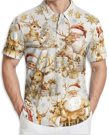 Elegant Santa Reindeer 3D Polo Shirt for Men, Luxury Christmas Holiday Style | Azhawaiian