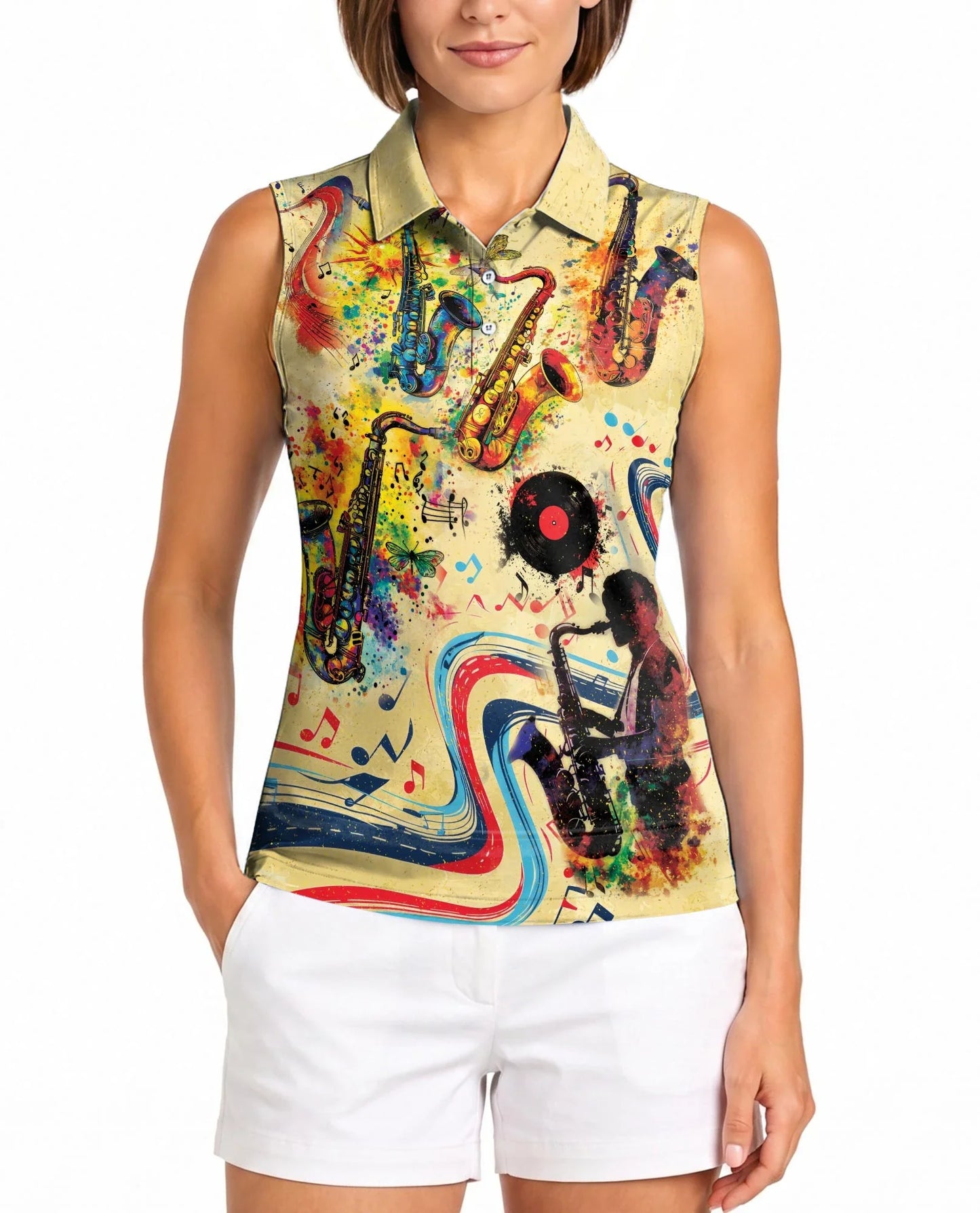 Music Saxophone Sleeveless Polo Shirt for Women | Azhawaiian