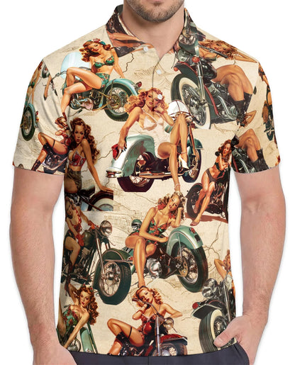 Girls on Motorcycles Polo Shirt for Men, Vintage Biker Style | Azhawaiian