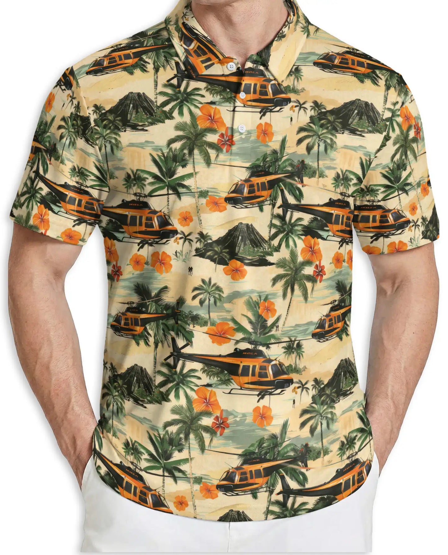 Tropical Helicopter Polo Shirt for Men- Print Palm Tree Volcano| Azhawaiian