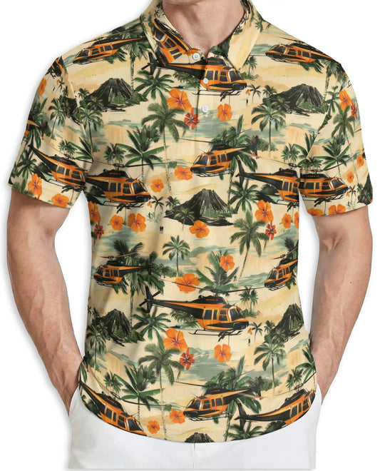 Tropical Helicopter Polo Shirt for Men- Print Palm Tree Volcano| Azhawaiian