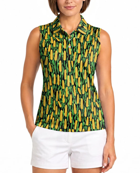 Agricultural Corn Cob Sleeveless Polo Shirt for Women | Azhawaiian