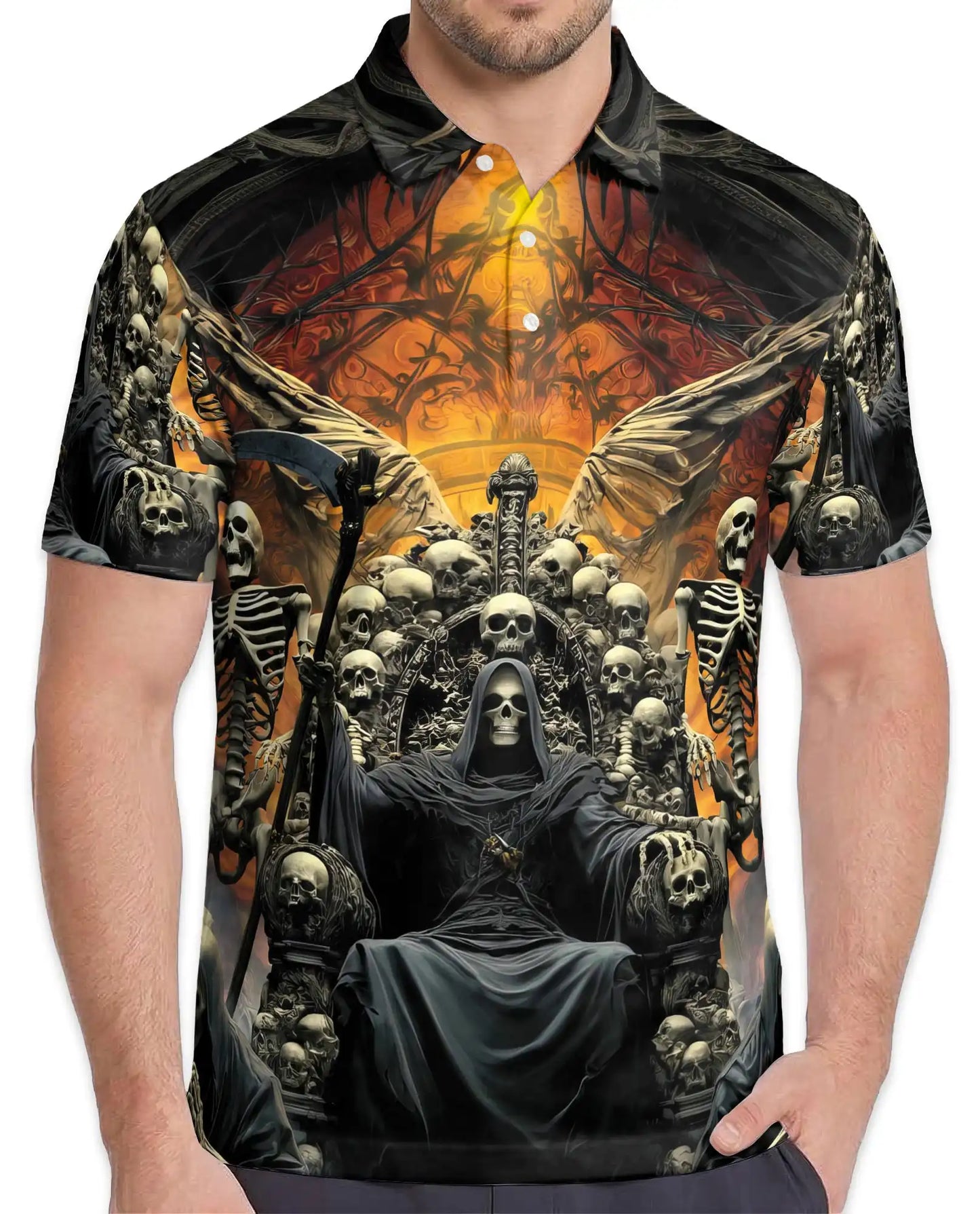 Grim Reaper Skull Polo Shirt for Men, Gothic Skeleton Throne | Azhawaiian