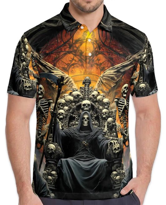Grim Reaper Skull Polo Shirt for Men, Gothic Skeleton Throne | Azhawaiian