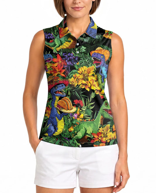 Taco T-Rex Sleeveless Polo Shirt for Women | Azhawaiian
