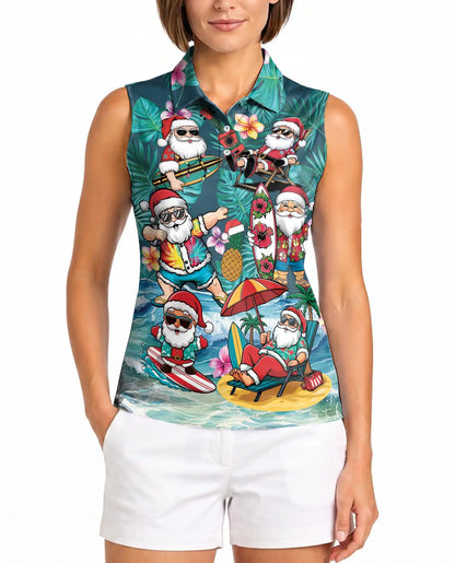 Surf's Up Santa Sleeveless Polo Shirt for Women, Christmas Beach Style | Azhawaiian