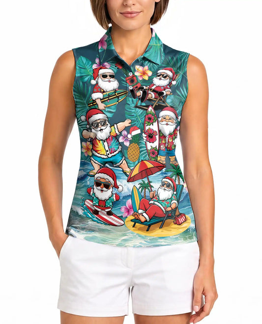 Surf's Up Santa Sleeveless Polo Shirt for Women, Christmas Beach Style | Azhawaiian