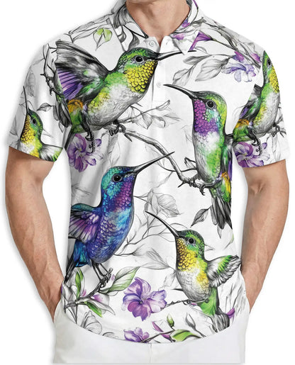 Colorful Hummingbird Floral 3D Polo Shirt for Men, Tropical Bird Nature Style | Azhawaiian
