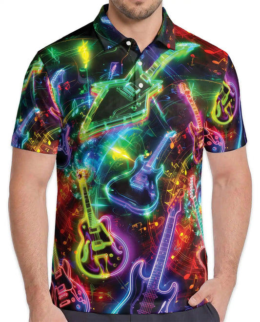 Neon Electric Guitar Rock Polo Shirt for Men | Azhawaiian
