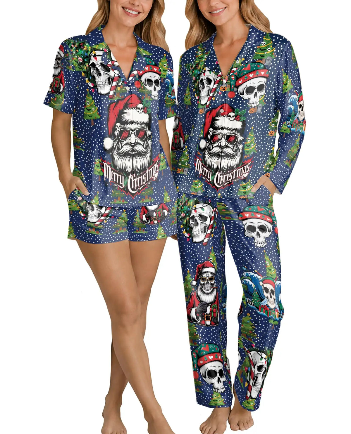 Gothic Christmas Pajama Set for Women, Skeleton Santa Holiday Sleepwear