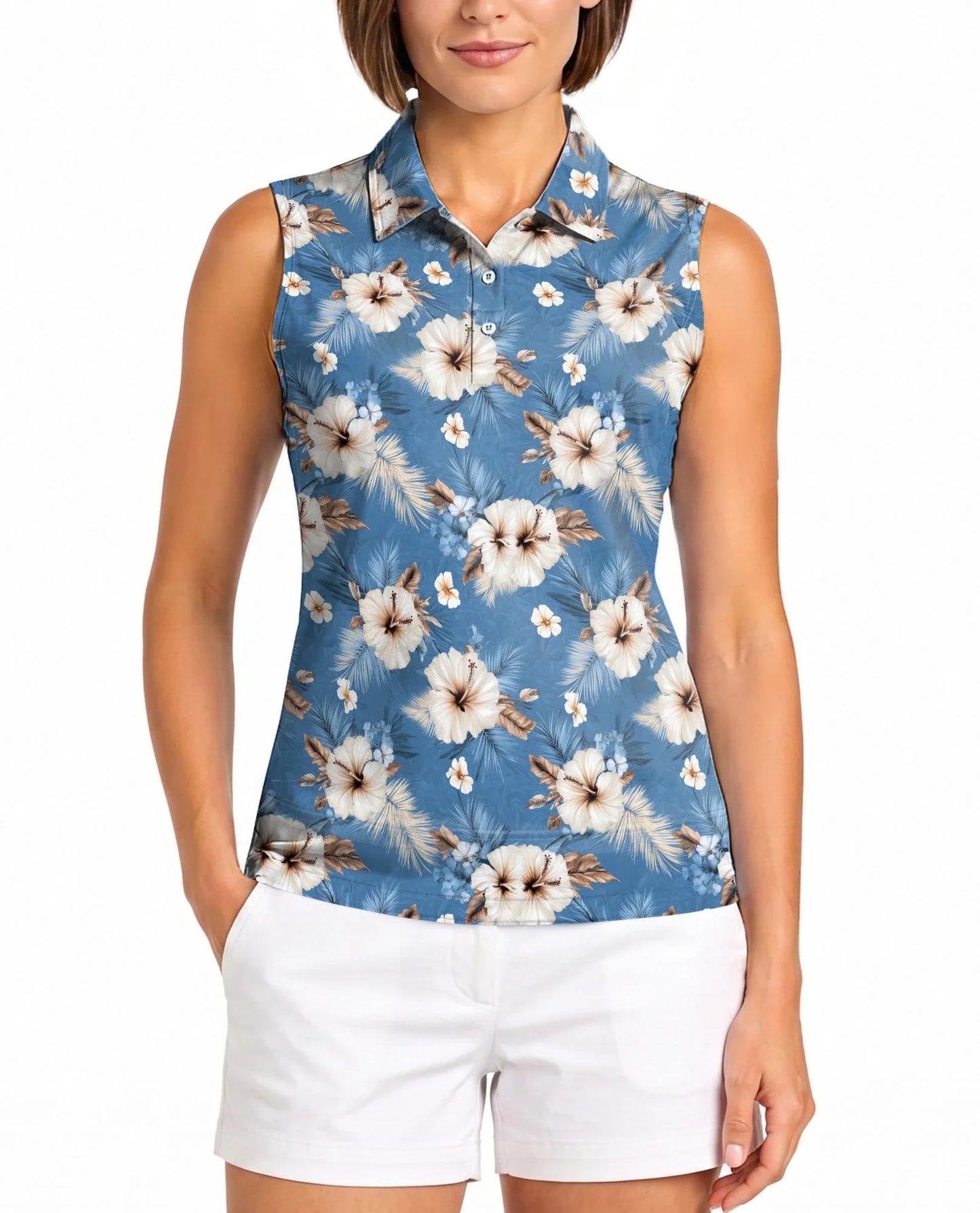 Hibiscus Flowers Sleeveless Polo Shirt for Women | Azhawaiian