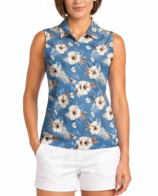 Hibiscus Flowers Sleeveless Polo Shirt for Women | Azhawaiian