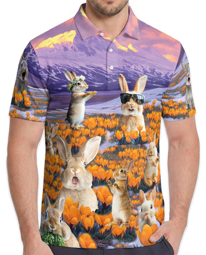 Funny Bunny Polo Shirt - Wildflower Meadow Rabbit Style | Azhawaiian