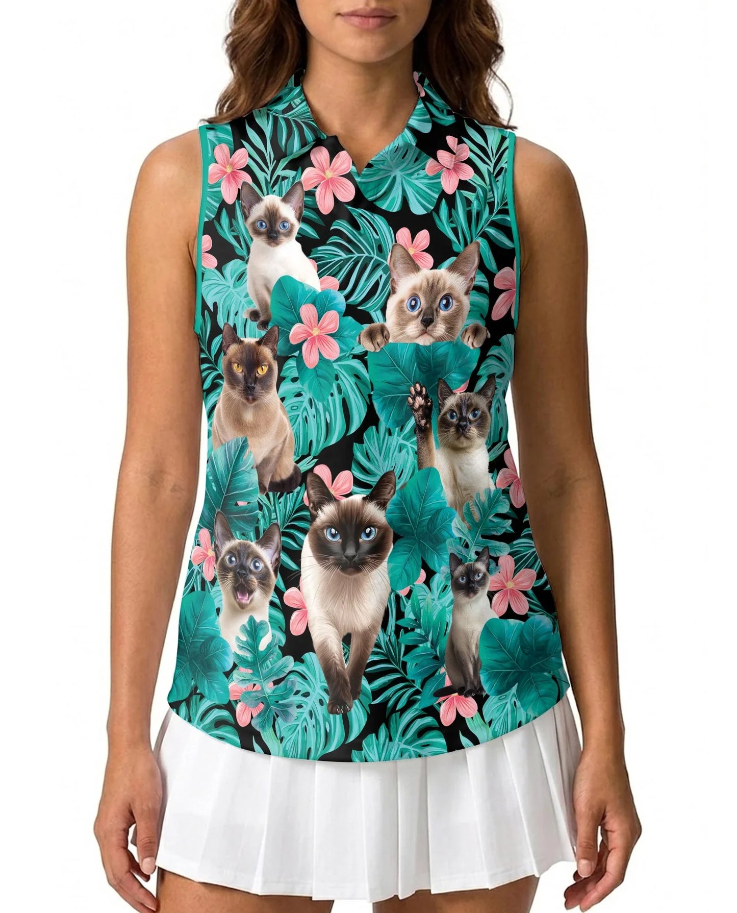 Siamese Cat Tropical Flowers Sleeveless Polo Shirt for Women | Azhawaiian