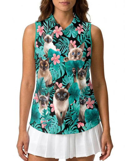 Siamese Cat Tropical Flowers Sleeveless Polo Shirt for Women | Azhawaiian