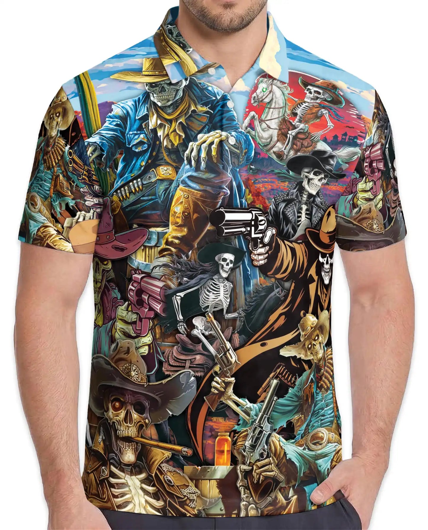 Skeleton Cowboy & Wild West Polo Shirt for Men, Azhawaiian
