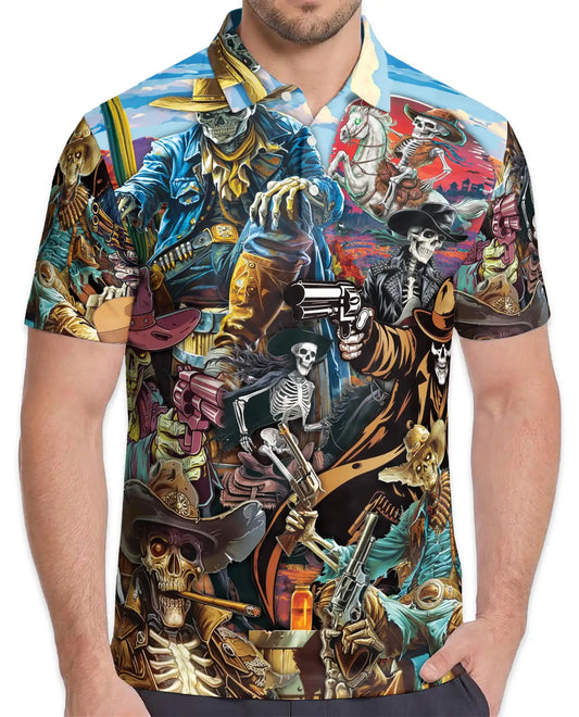 Skeleton Cowboy & Wild West Polo Shirt for Men, Azhawaiian