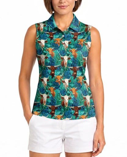 Cow and Tropical Leaves Pattern Sleeveless Polo Shirt for Women | Azhawaiian