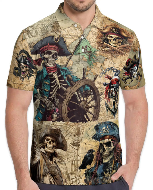 Pirate Skeleton Adventure Polo Shirt for Men, Skull Pirate Design | Azhawaiian
