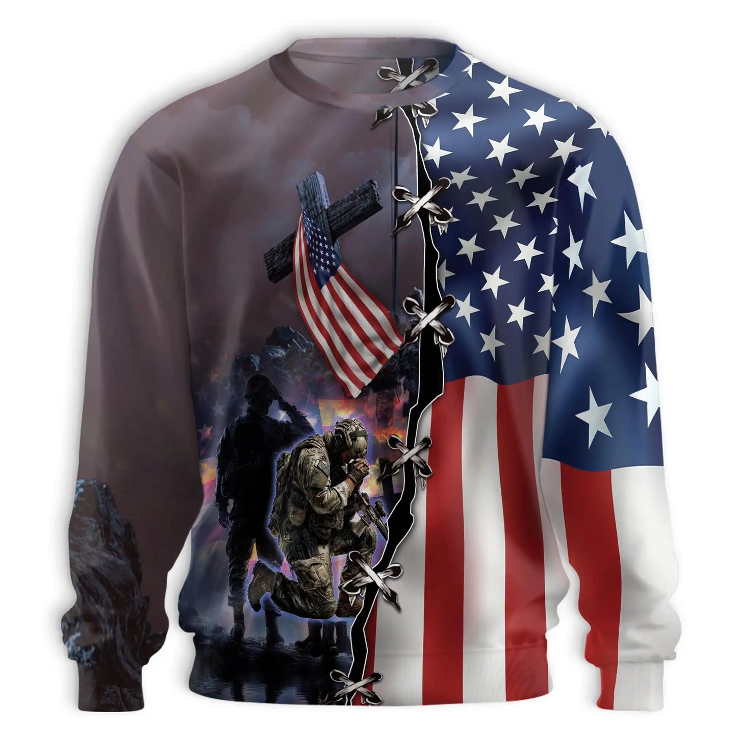 American Flag Kneeling Soldier and Cross Sweatshirt – Colorful Graphic 3D All Over Print Design