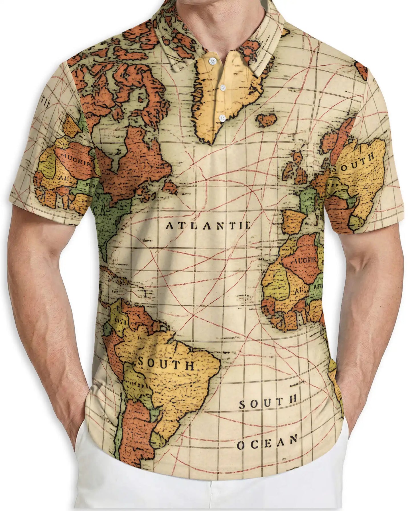 Vintage World Map Polo Shirt-Antique Nautical Atlas Print Travel Theme | Azhawaiian
