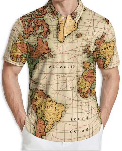 Vintage World Map Polo Shirt-Antique Nautical Atlas Print Travel Theme | Azhawaiian
