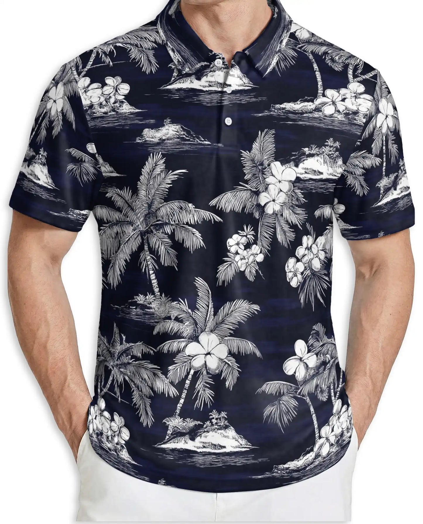 Tropical Island Polo Shirt, Monochrome Palm Print | Azhawaiian