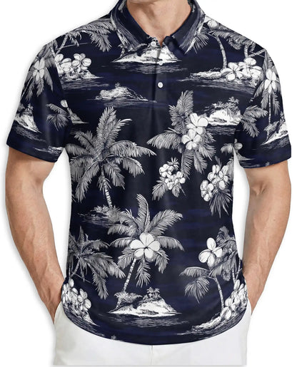 Tropical Island Polo Shirt, Monochrome Palm Print | Azhawaiian