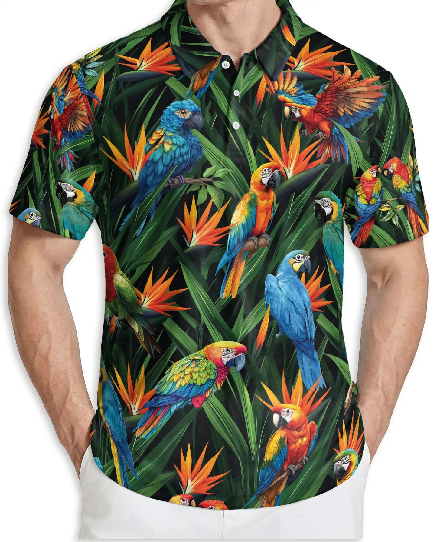 Parrot Tropical Polo Shirt, Macaw Jungle Print | Azhawaiian