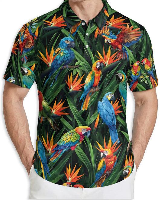 Parrot Tropical Polo Shirt, Macaw Jungle Print | Azhawaiian