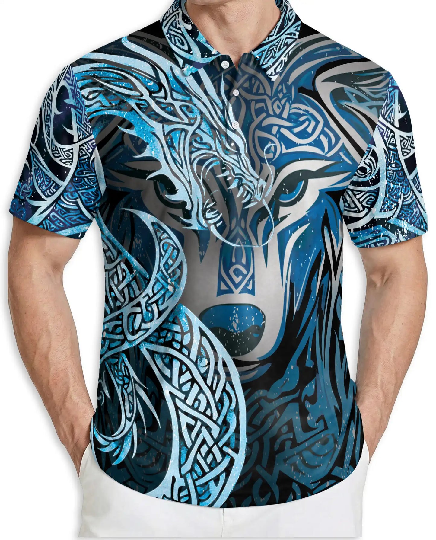 Wolf Tribal 3D Polo Shirt for Men, Nordic Celtic Animal Style | Azhawaiian