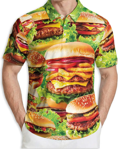 Funny Burger Food 3D Polo Shirt for Men, Fast Food Lover Style | Azhawaiian