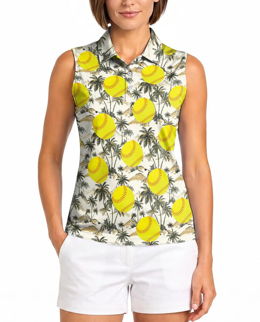 Tropical Palm Tree And Softball Sleeveless Polo Shirt for Women | Azhawaiian