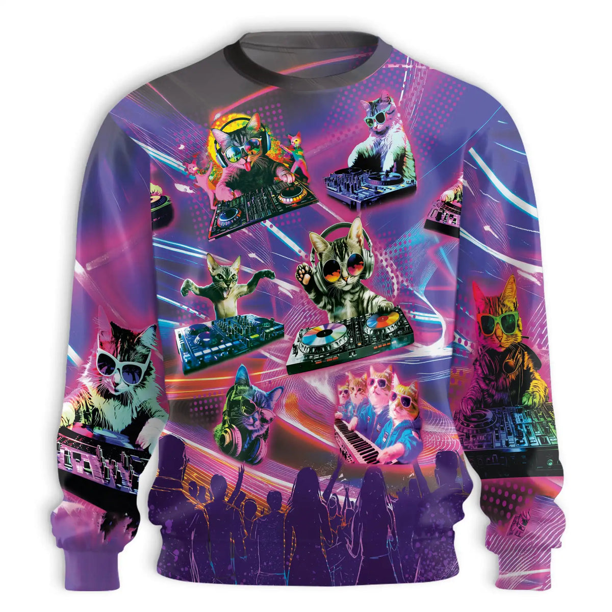 Cat Playing DJ Sweatshirt – Colorful Neon Cat Graphic 3D All Over Print Design