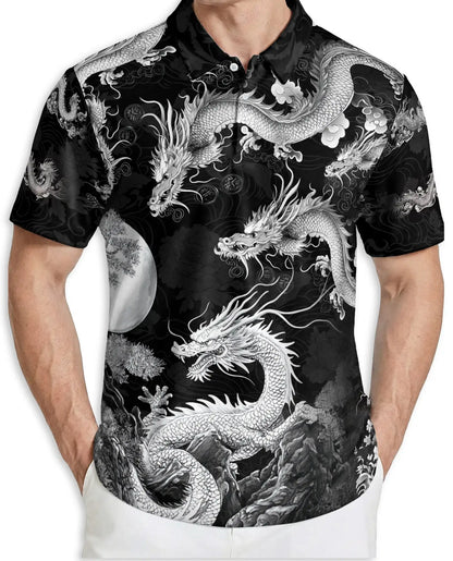 Black White Asian Dragon 3D Polo Shirt for Men, Monochrome Fantasy Style | Azhawaiian