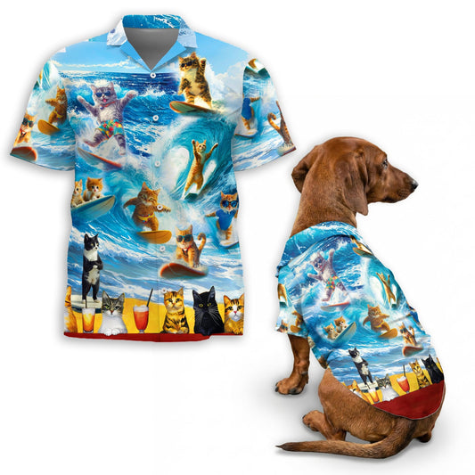 Cat Surfing Matching Dog Owner Hawaiian Shirts, Funny Pet Aloha Shirt for Beach Vacation - Azhawaiian