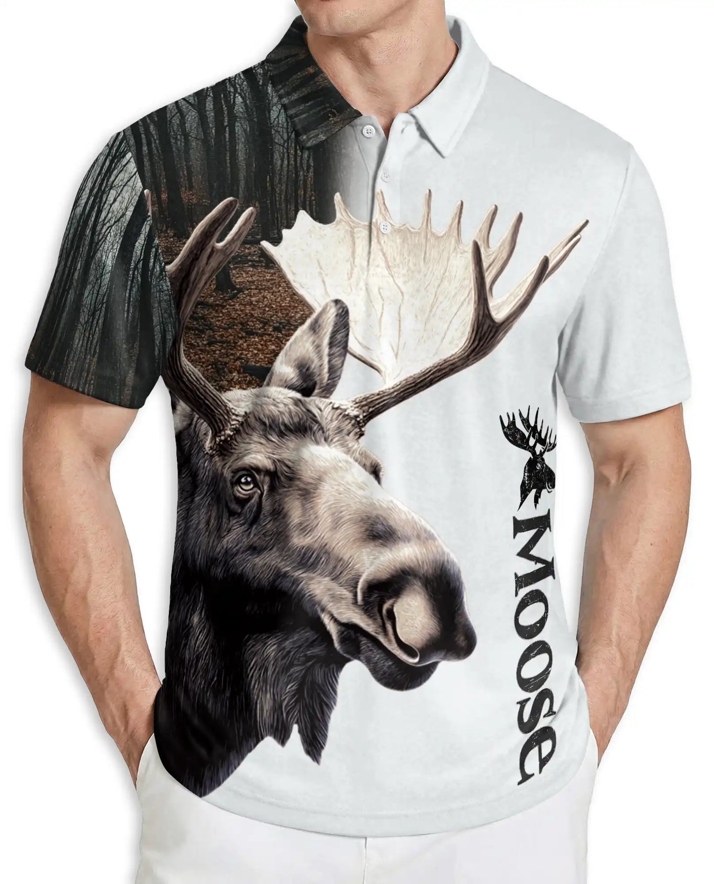 Moose Polo Shirt, Wildlife Forest Animal Print | Azhawaiian