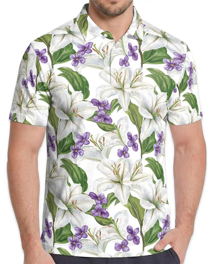 White Lily Polo Shirt for Men, Elegant Floral Style | Azhawaiian