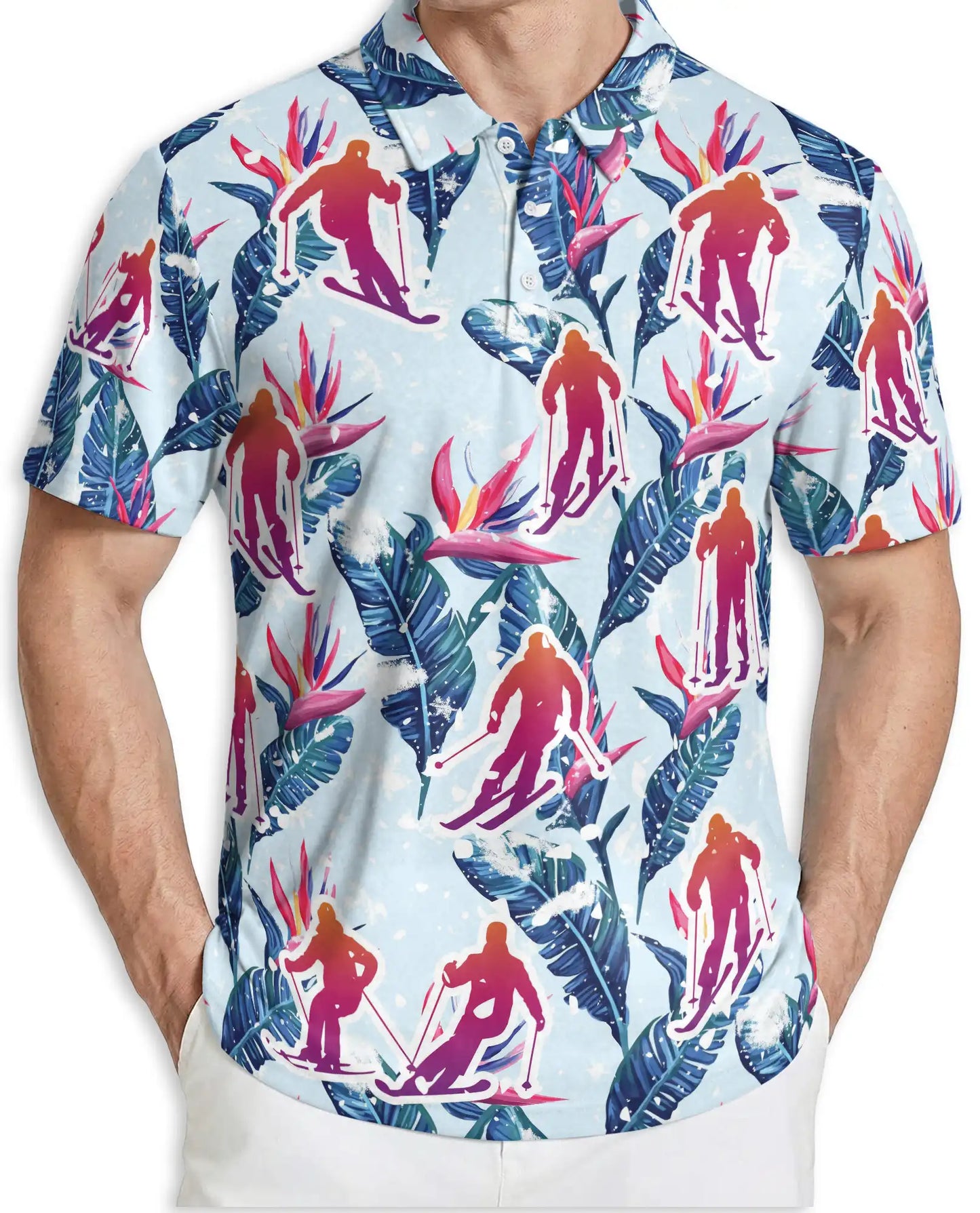 Tropical Skiing 3D Polo Shirt for Men, Floral Winter Sports Style | Azhawaiian