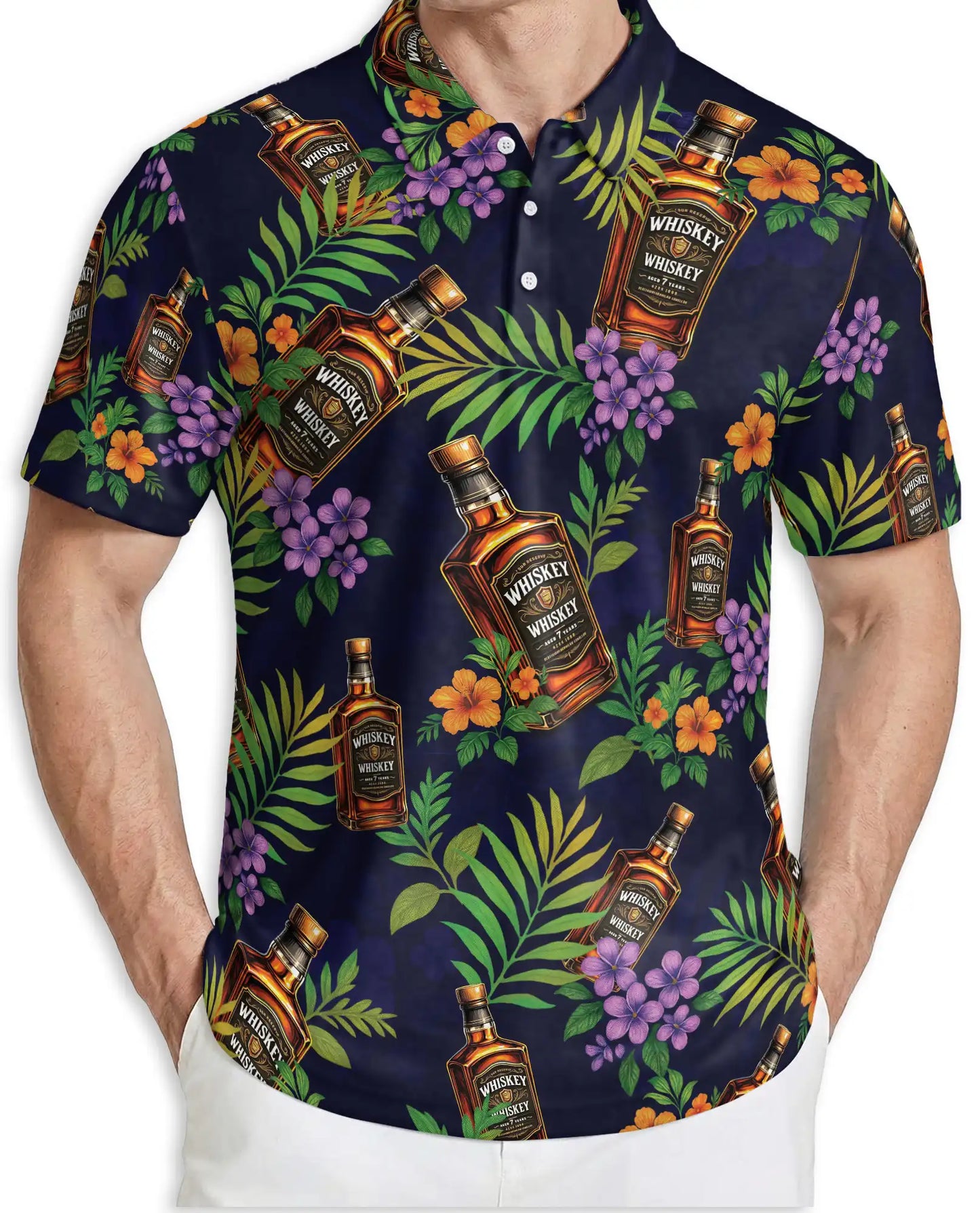 Whiskey Tropical Hawaiian Polo Shirt-Bourbon Floral Island Design | Azhawaiian