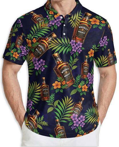 Whiskey Tropical Hawaiian Polo Shirt-Bourbon Floral Island Design | Azhawaiian