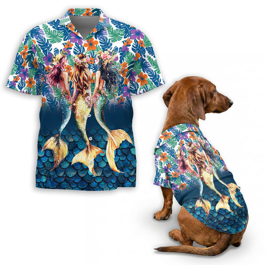 Mermaid Matching Dog Owner Hawaiian Shirts, Funny Pet Aloha Shirt for Beach Vacation - Azhawaiian