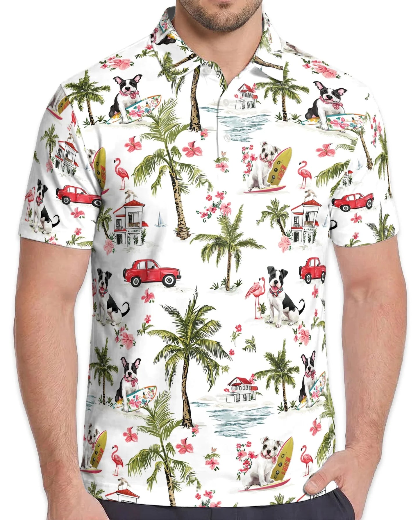 Dog Surfing Beach Polo Shirt for Men, Tropical Palm Tree Style | Azhawaiian