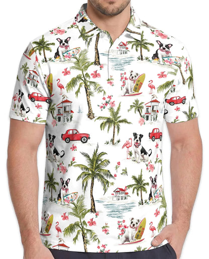 Dog Surfing Beach Polo Shirt for Men, Tropical Palm Tree Style | Azhawaiian