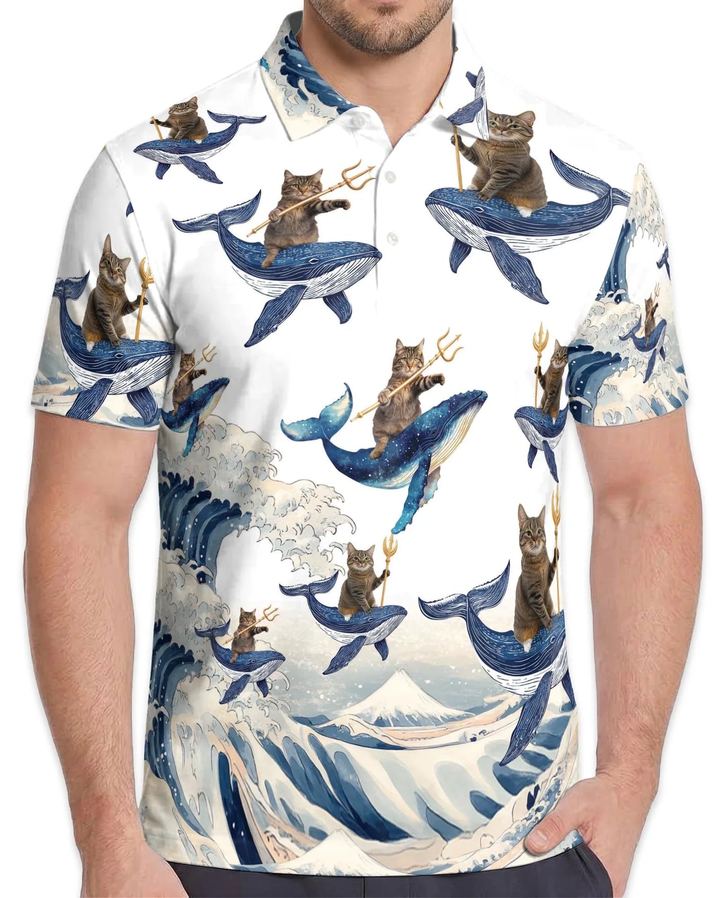 Cat Riding Whale Polo Shirt for Men, Funny Ocean Animal Style | Azhawaiian