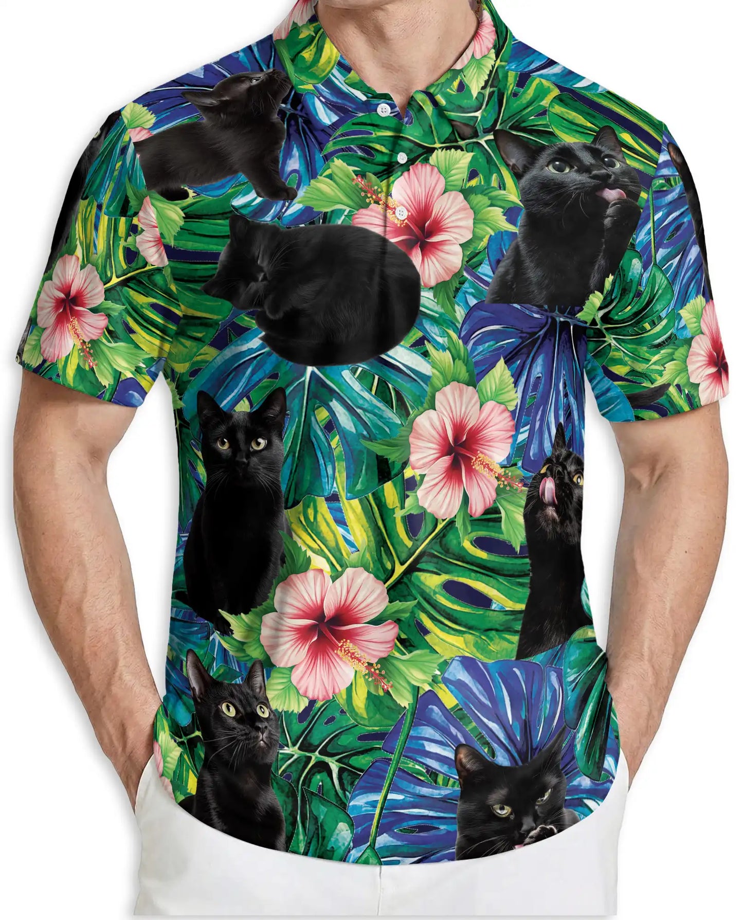 Black Cat Tropical Hibiscus 3D Polo Shirt for Men, Hawaiian Pet Lover Style | Azhawaiian