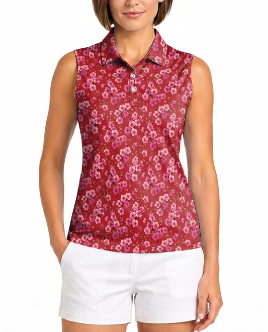 Red Cherry Blossom Sleeveless Polo Shirt for Women  | Azhawaiian