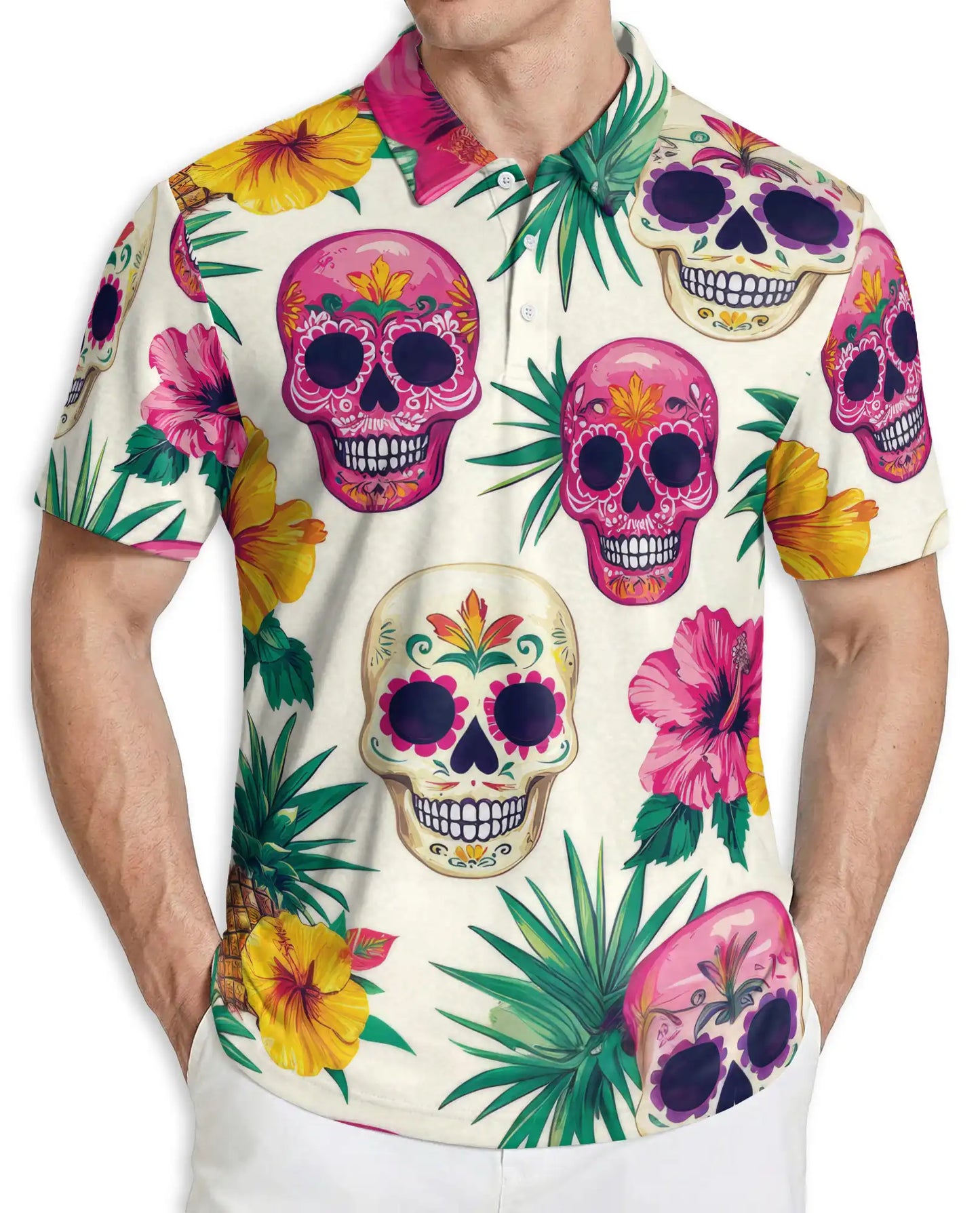 Sugar Skull Polo Shirt, Tropical Floral Print | Azhawaiian
