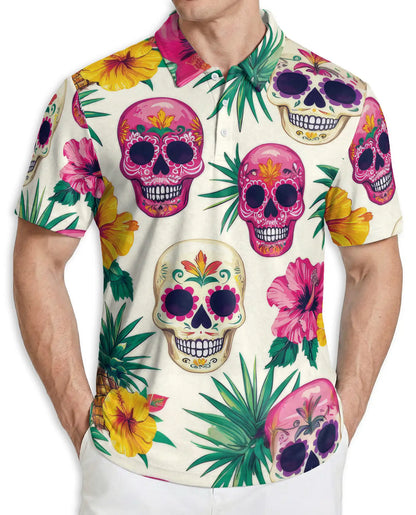 Sugar Skull Polo Shirt, Tropical Floral Print | Azhawaiian